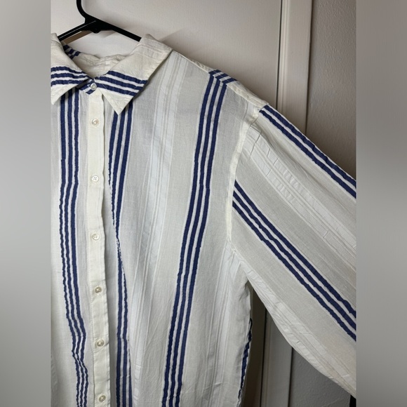 Boden Navy Blue White Striped Textured Longline Button Shirt Tunic Top Size 4 - Picture 4 of 14